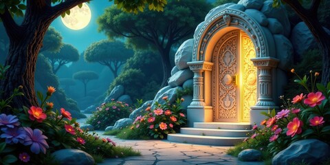 Fototapeta premium Enchanted Moonlight Garden Path Leading to an Ornate Doorway in a Stone Grotto