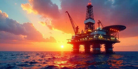 Obraz premium Offshore Oil Rig at Sunset A Majestic View of Industrial Power and Natural Beauty