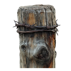 Rustic weathered wooden fence post with barbed wire farm security detail on transparent background