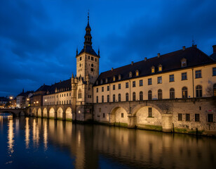 Fototapeta premium Historic Building Reflecting in River at Dusk