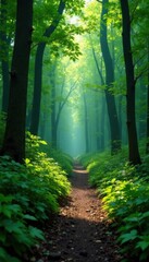 Obraz premium Dense forest foliage on wooden fence background, landscape, trees