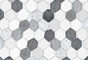 Fototapeta premium Abstract seamless hexagonal mosaic tile wall texture in shades of grey and white , interior, high resolution