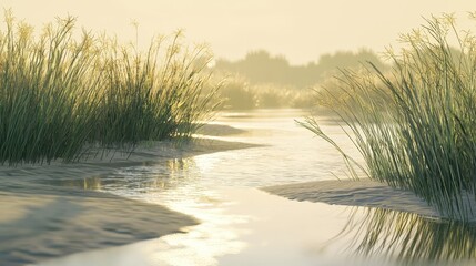Gentle stream meandering through golden grasses at dawn.