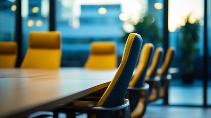 Conference room interior with a long table and bright yellow chairs ready for a meeting