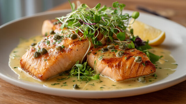 Delicious pan seared salmon recipe with lemon butter sauce and capers for elegant dinner idea at home