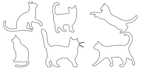 Black cat silhouettes in various poses, isolated on white background. Perfect for logos, decals, apparel design. Elegant, sleek feline figures showcasing minimalist modern art