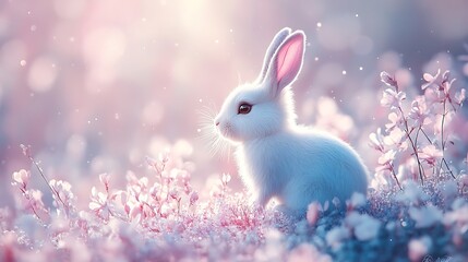 Obraz premium A mystical Easter bunny in a fantasy landscape with a soft glittery effect and delicate flowers, space at the bottom for greeting text