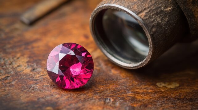 Magnified view of a loose ruby gemstone under a jewelers loupe, showing natural inclusions and vivid red hue