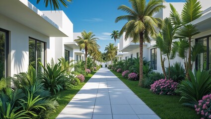 Fototapeta premium a vibrant outdoor scene featuring a modern residential walkway. The layout includes a paved path flanked by white, contemporary-style buildings with flat roofs. 