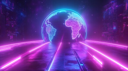 Global world in cyber space 3D rendering with neon colors representing internet and energy technology