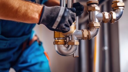 A construction worker installing plumbing pipes under a building. Featuring technical skill and focus