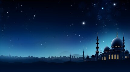 Naklejka premium Night Sky Mosque Silhouette with City Skyline and Stars