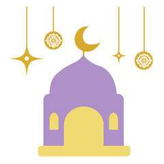 Flat purple mosque illustration with crescent moon. Perfect for Ramadan, Eid, Islamic architecture themes, and religious celebrations. Clean vector style for modern digital projects.