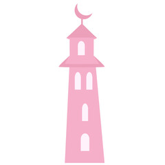 Flat vector illustration of a pink mosque minaret with crescent moon on top. Ideal for Ramadan, Eid, Islamic designs, or pastel-themed religious decorations and creative projects.