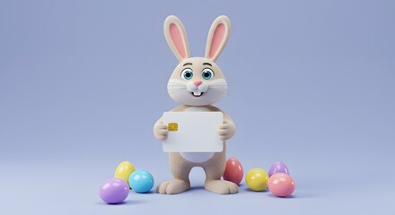 Cute bunny holding a blank card surrounded by colorful Easter eggs on a pastel backdrop.