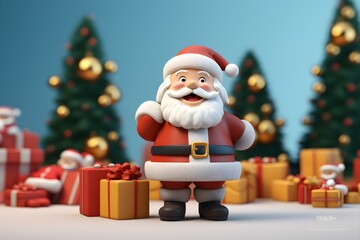 Fototapeta premium Festive 3D Santa Claus with Christmas Tree and Gifts
