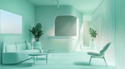 Mint green modern waiting area design concept.