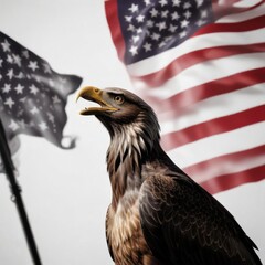 Naklejka premium Flag with black silhouette of American eagle against white background, white and black flag, american flag variant, silhouetted flag