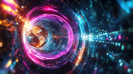 Obraz premium Digital global world in cyber space with neon colorful technology and power energy connections