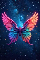 Rainbow-colored wings spread wide under stars, wings, celestial, rainbow