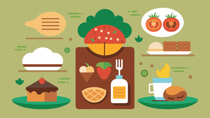 In addition to traditional meats the menu offers vegetarian and vegan options catering to a variety of dietary preferences.. Vector illustration