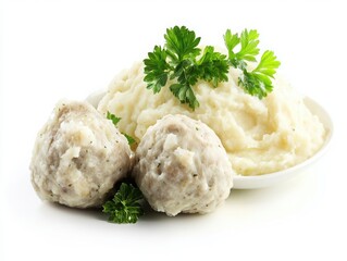 Isolated serving of classic Swedish meatballs with creamy mashed potatoes on white.