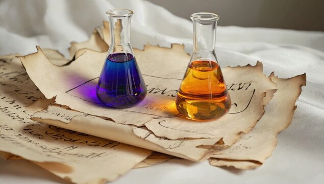 Two colorful flasks with vibrant blue and amber liquids rest on aged, burnt-edged parchment papers with handwritten text, placed on silky white fabric. A blend of science chemistry and vintage charm.