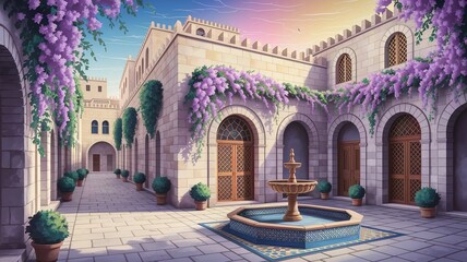 Obraz premium A beautiful courtyard with a fountain in the center
