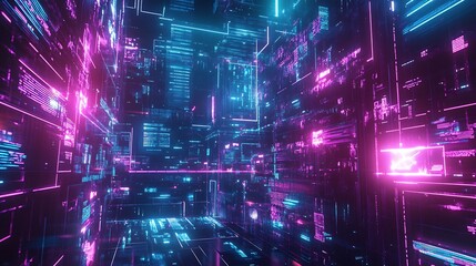 Fototapeta premium Cyber space metaverse rendered in neon colors showing the interconnected global world and energy power