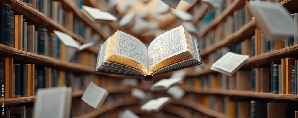 Poster Books floating in the air with a focus on literature and cognition concept. An open book floating amidst flying pages in a library setting.