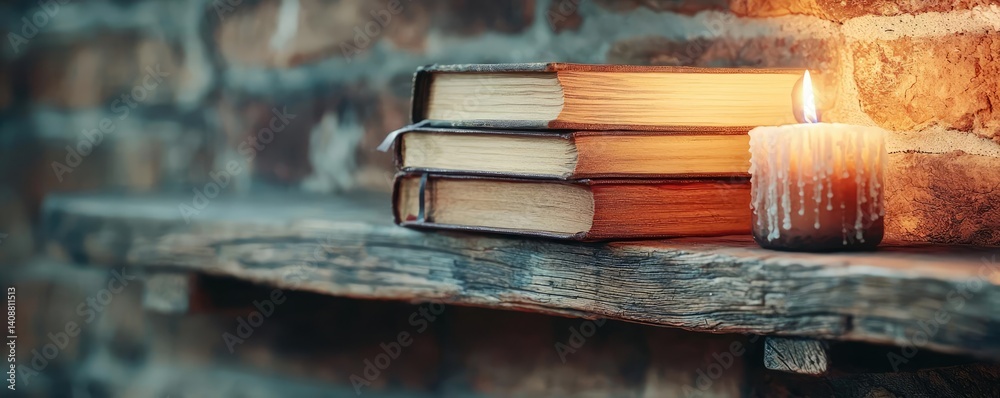 Poster books floating in the air with flying and education concept. books and candle on a rustic shelf crea