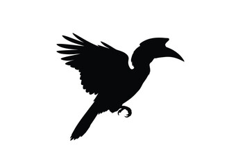 Hornbill silhouette. This image depicts a black silhouette of a hornbill bird in flight with wings spread wide and curved beak. Vector clipart black illustration design.