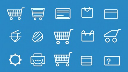 Online Shopping Cart Icons; E-commerce Symbols; Blue Background