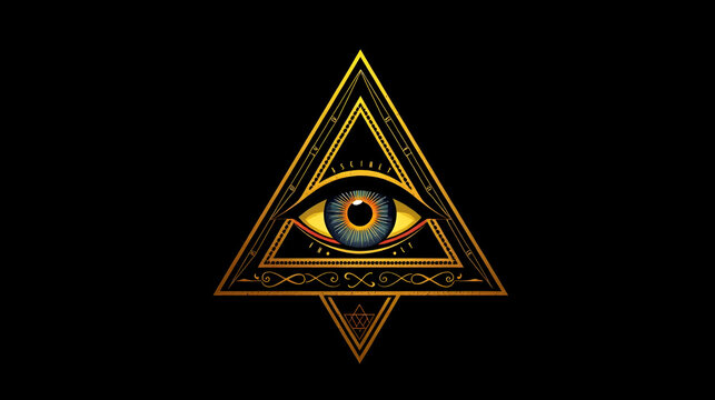 All seeing eye of god in sacred geometry triangle, masonry and illuminati symbol, vector logo or emblem design element.