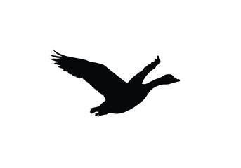 Flying goose silhouette. This image depicts a black silhouette of a goose in flight with its wings spread wide and graceful posture. Vector clipart black illustration design.