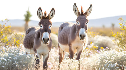Two donkeys standing in a field of flowers