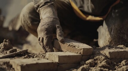 A construction worker laying bricks to build a wall. Featuring craftsmanship and concentration