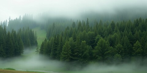 Fototapeta premium Misty Green Coniferous Forest Foggy Woods Nature Scenery