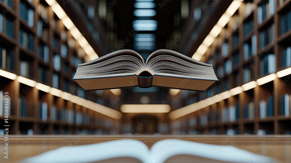 Poster books floating in the air on a library and shelf concept. an enchanting floating book in a modern li