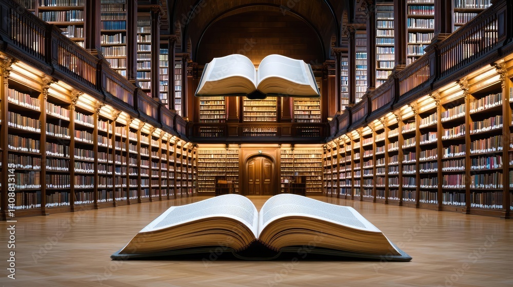 Poster Books floating in the air on a library and shelf concept. An enchanting library with floating books in a grand setting.