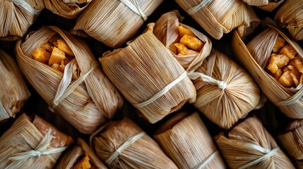 Top view of traditional tamales wrapped in husks, stacked warm and ready to eat