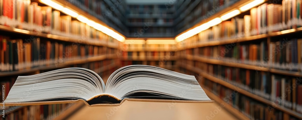 Poster books floating in the air with flying and education concept. an open book in a quiet library surroun
