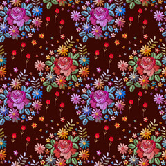 Cute embroidered bouquets of flowers on a brown background seamless pattern. Beautiful print for fabric.