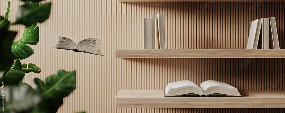 Poster books floating in the air on a library and shelf concept. minimalist bookshelf design with floating 