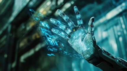 A futuristic robotic hand interacts with a digital interface