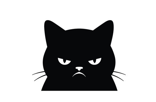 Grumpy cat silhouette. A black silhouette of a cat with a distinctive grumpy expression, featuring sharp whiskers and ears. Vector clipart black illustration design.