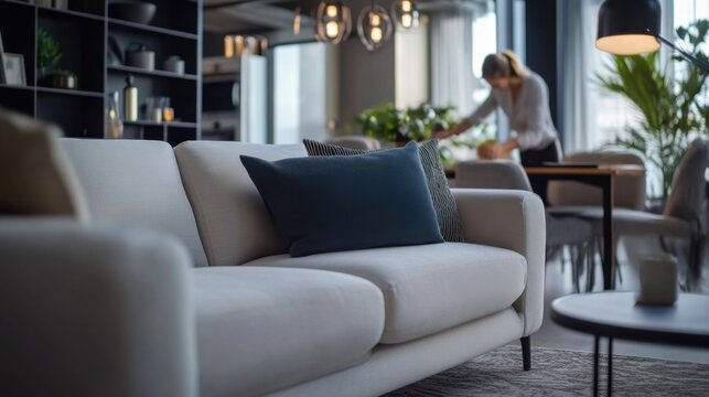 Interior designer arranging furniture in a stylish living room. Featuring aesthetics and function