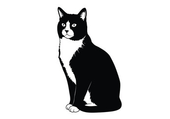 Tuxedo cat silhouette. A black silhouette of a sitting tuxedo cat, featuring a sleek posture with visible whiskers and tail. Vector clipart black illustration design.