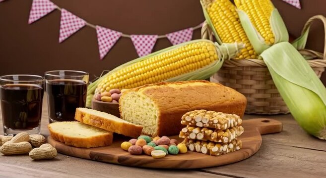 Traditional Brazilian snacks: cornbread, peanut brittle, candied peanuts, and more, celebrating rustic flavors in a festive setting