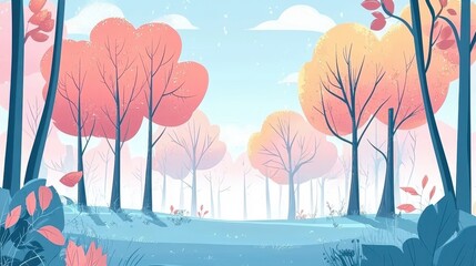 Pastel colored autumn forest scene, tranquil and serene.